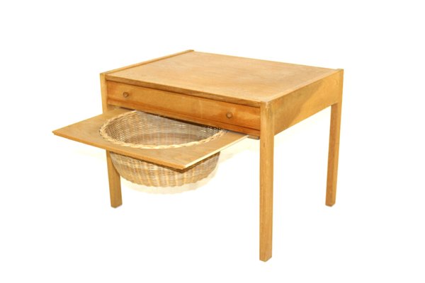 Oak and Rattan Worktable, Denmark, 1960s-GEK-998178