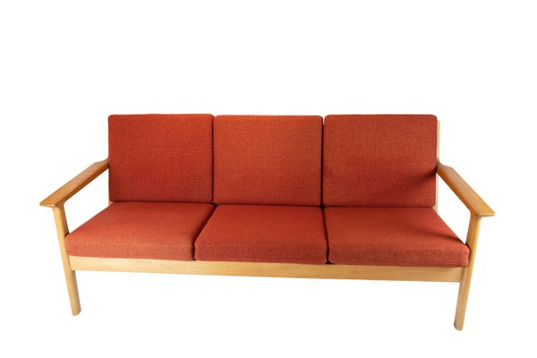 Oak and Red Wool Three-Seat Sofa by Hans J. Wegner for Getama, 1960s-UY-792182