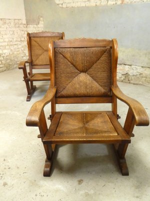 Oak and Straw Armchairs, France, 1950s, Set of 2-QAV-1409587