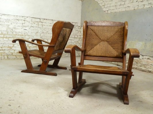 Oak and Straw Armchairs, France, 1950s, Set of 2-QAV-1409587