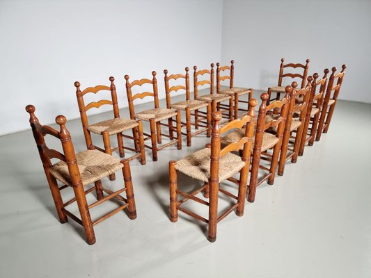 Oak Farmer Dining Chairs, France, 1970s, Set of 12-UJI-1700038