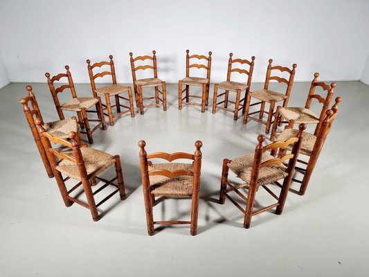 Oak Farmer Dining Chairs, France, 1970s, Set of 12-UJI-1700038