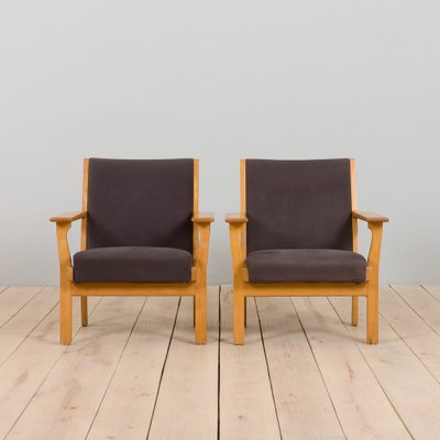 Oak GE 181 Easy Lounge Chairs in Grey Alcantara by Hans J. Wegner for Getama, Denmark, 1970s, Set of 2-UE-1328924