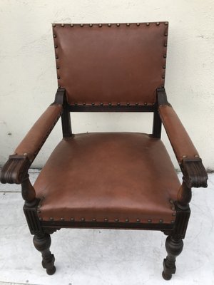 Oak Throne Chair Covered with Leather, 1900s-WQQ-1396322