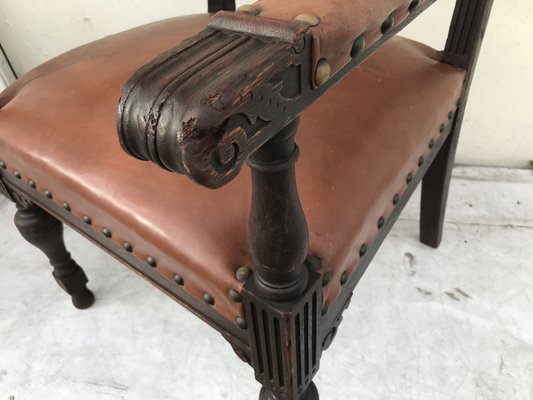 Oak Throne Chair Covered with Leather, 1900s-WQQ-1396322