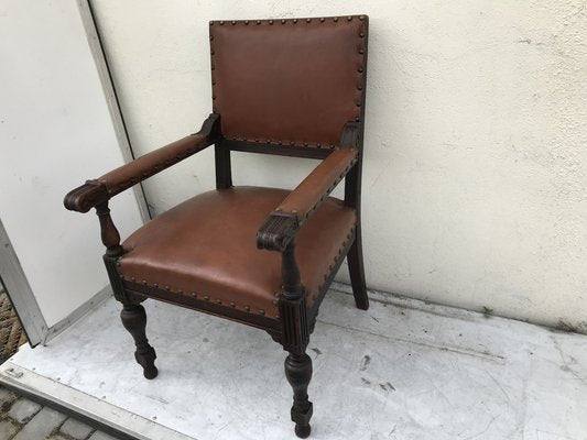 Oak Throne Chair Covered with Leather, 1900s-WQQ-1396322