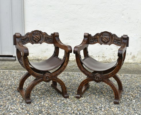 Oak X-Frame Throne Chairs in the style of Dagobert by Navarro Argudo, 1950s, Set of 2-CTD-1822101