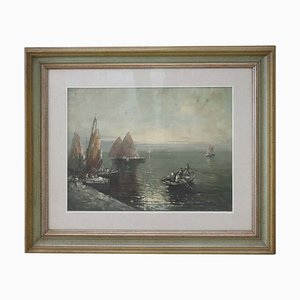 Oil on Canvas Painting of Marina with Fishermen, 1950s-DCO-1031080