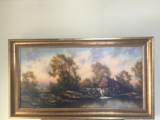 Oil Painting on Canvas- Landscape With a Water Mill Signed 1950s-WQQ-963890