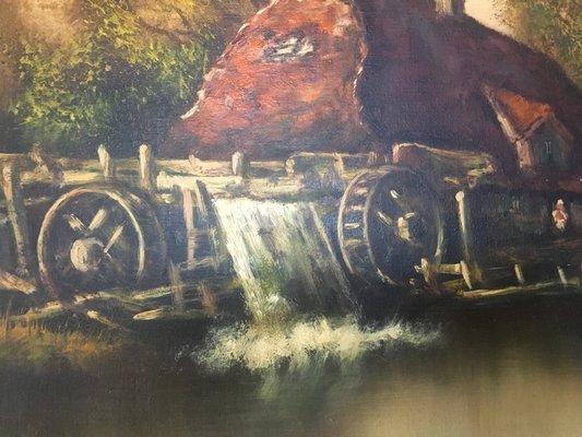 Oil Painting on Canvas- Landscape With a Water Mill Signed 1950s-WQQ-963890