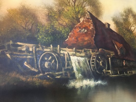 Oil Painting on Canvas- Landscape With a Water Mill Signed 1950s-WQQ-963890