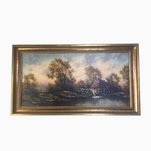 Oil Painting on Canvas- Landscape With a Water Mill Signed 1950s-WQQ-963890