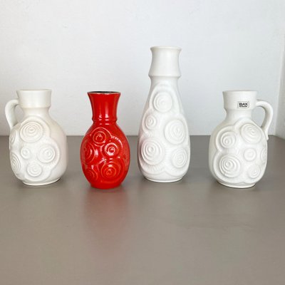 Op Art German Red-White Fat Lava Pottery Vases from Bay Ceramics, Set of 4-QZ-1161699