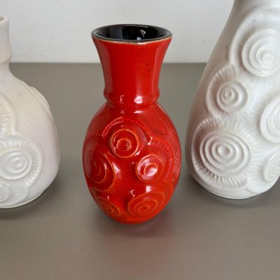 Op Art German Red-White Fat Lava Pottery Vases from Bay Ceramics, Set of 4-QZ-1161699