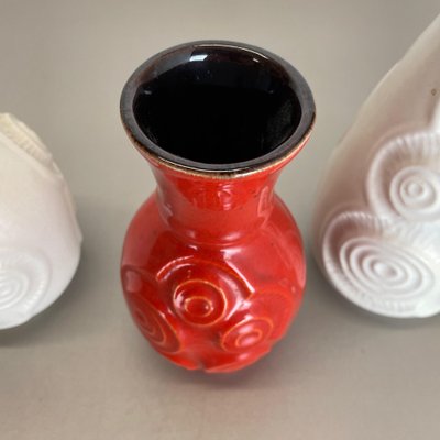 Op Art German Red-White Fat Lava Pottery Vases from Bay Ceramics, Set of 4-QZ-1161699