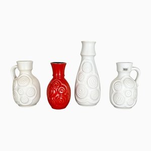 Op Art German Red-White Fat Lava Pottery Vases from Bay Ceramics, Set of 4-QZ-1161699