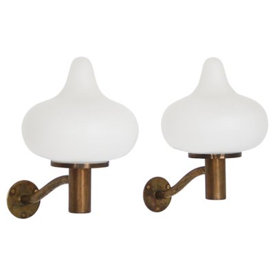 Opal Glass & Brass Wall Lamps by Hammer & Moldenhawerfor Louis Poulsen, Denmark, 1950, Set of 2-WRF-1334472