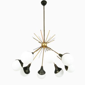 Opaline Glass, Brass & Painted Metal 8-Light Pendant Lamp from Stilnovo, 1950s-RD-1764424