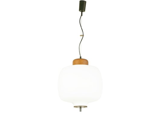 Opaline Glass Brass & Teak Pendant Lamp in the style of Arredoluce, 1950s-RD-1779641