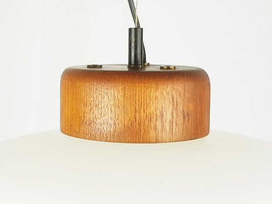 Opaline Glass Brass & Teak Pendant Lamp in the style of Arredoluce, 1950s-RD-1779641