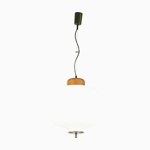 Opaline Glass Brass & Teak Pendant Lamp in the style of Arredoluce, 1950s-RD-1779641