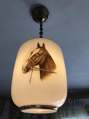 Opaline White Ceiling Lamp with Horse, 1950s-SDV-673955