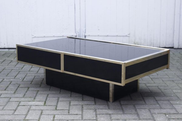 Opening Coffee Table Bar in Black Glass & Gold Metal attributed to Maison Lancel, France, 1970s-XIJ-1794360