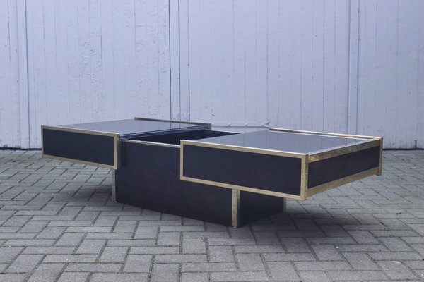 Opening Coffee Table Bar in Black Glass & Gold Metal attributed to Maison Lancel, France, 1970s-XIJ-1794360