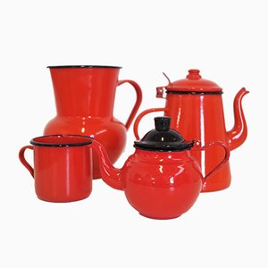 Orange and Black Enamelled Metal Jug & Teapot Set, 1950s, Set of 4-KNM-899683