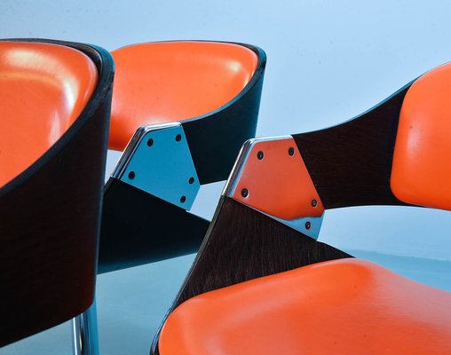 Orange Dining Chairs on Chrome Pedestal attributed to Rudi Verelst for Novalux, 1960s, Set of 6-IXC-1384085