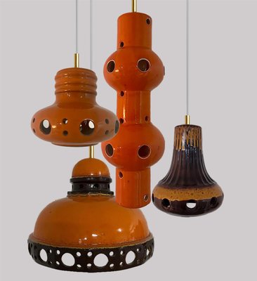 Orange Glazed Ceramic Pendant Lights, Germany, 1970s, Set of 4-VDW-1784693