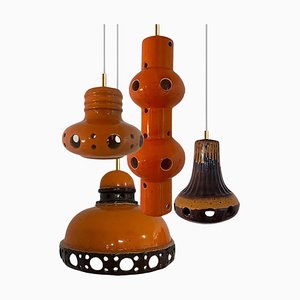 Orange Glazed Ceramic Pendant Lights, Germany, 1970s, Set of 4-VDW-1784693