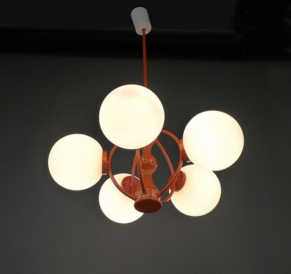 Orange Space Age Sputnik Ceiling Lamp with 5 Opal Glass Balls, Germany, 1960s-JV-2034881