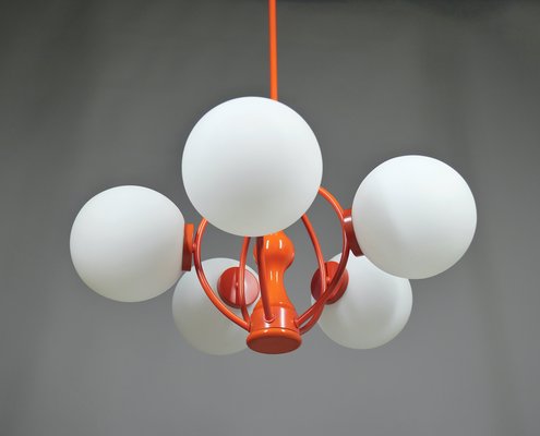 Orange Space Age Sputnik Ceiling Lamp with 5 Opal Glass Balls, Germany, 1960s-JV-2034881