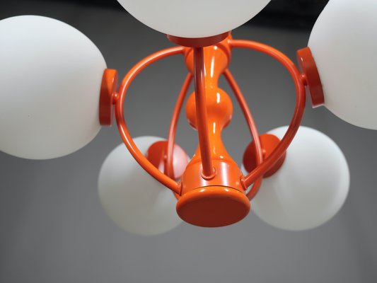 Orange Space Age Sputnik Ceiling Lamp with 5 Opal Glass Balls, Germany, 1960s-JV-2034881