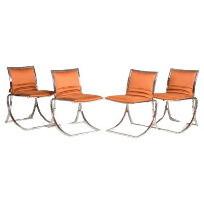 Orange Upholstery Chromed Steel Chairs, 1970s, Set of 4-XDW-1728500