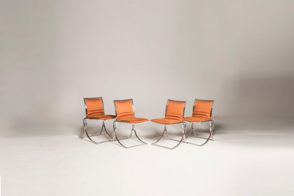 Orange Upholstery Chromed Steel Chairs, 1970s, Set of 4-XDW-1728500