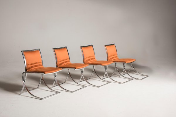 Orange Upholstery Chromed Steel Chairs, 1970s, Set of 4-XDW-1728500