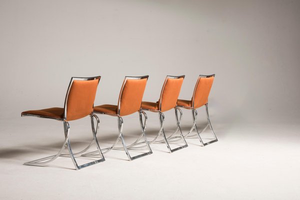 Orange Upholstery Chromed Steel Chairs, 1970s, Set of 4-XDW-1728500