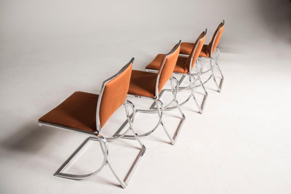 Orange Upholstery Chromed Steel Chairs, 1970s, Set of 4-XDW-1728500