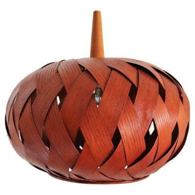 Organic Modernist Natural Teak Wood Veneer and Wicker Pendant Lamp, 1960s-VNE-1048380