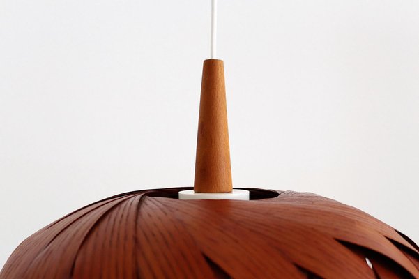 Organic Modernist Natural Teak Wood Veneer and Wicker Pendant Lamp, 1960s-VNE-1048380