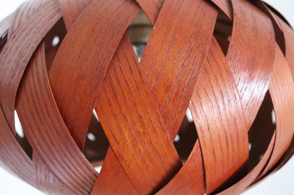 Organic Modernist Natural Teak Wood Veneer and Wicker Pendant Lamp, 1960s-VNE-1048380