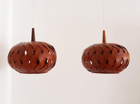 Organic Modernist Natural Teak Wood Veneer and Wicker Pendant Lamp, 1960s-VNE-1048380