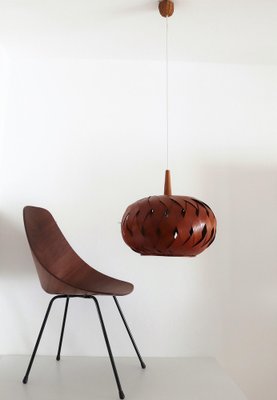 Organic Modernist Natural Teak Wood Veneer and Wicker Pendant Lamp, 1960s-VNE-1048380