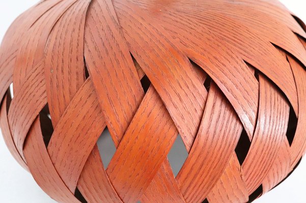 Organic Modernist Natural Teak Wood Veneer and Wicker Pendant Lamp, 1960s-VNE-1048380