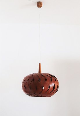 Organic Modernist Natural Teak Wood Veneer and Wicker Pendant Lamp, 1960s-VNE-1048380