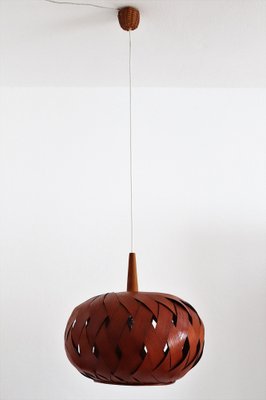 Organic Modernist Natural Teak Wood Veneer and Wicker Pendant Lamp, 1960s-VNE-1048380