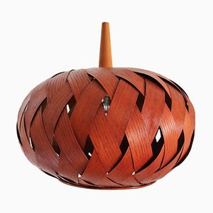 Organic Modernist Natural Teak Wood Veneer and Wicker Pendant Lamp, 1960s-VNE-1048380