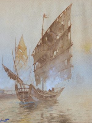 Oriental Boats Watercolor Painting, Early 20th Century-ARU-1005746